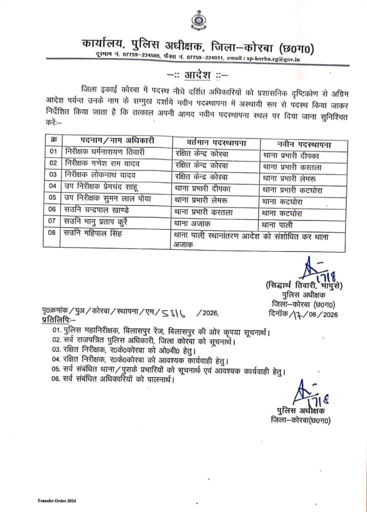 बदले गए कई थानेदार, धर्मनारायण तिवारी को दीपका, तो लोकनाथ यादव को लेमरू थाने की मिली कमान